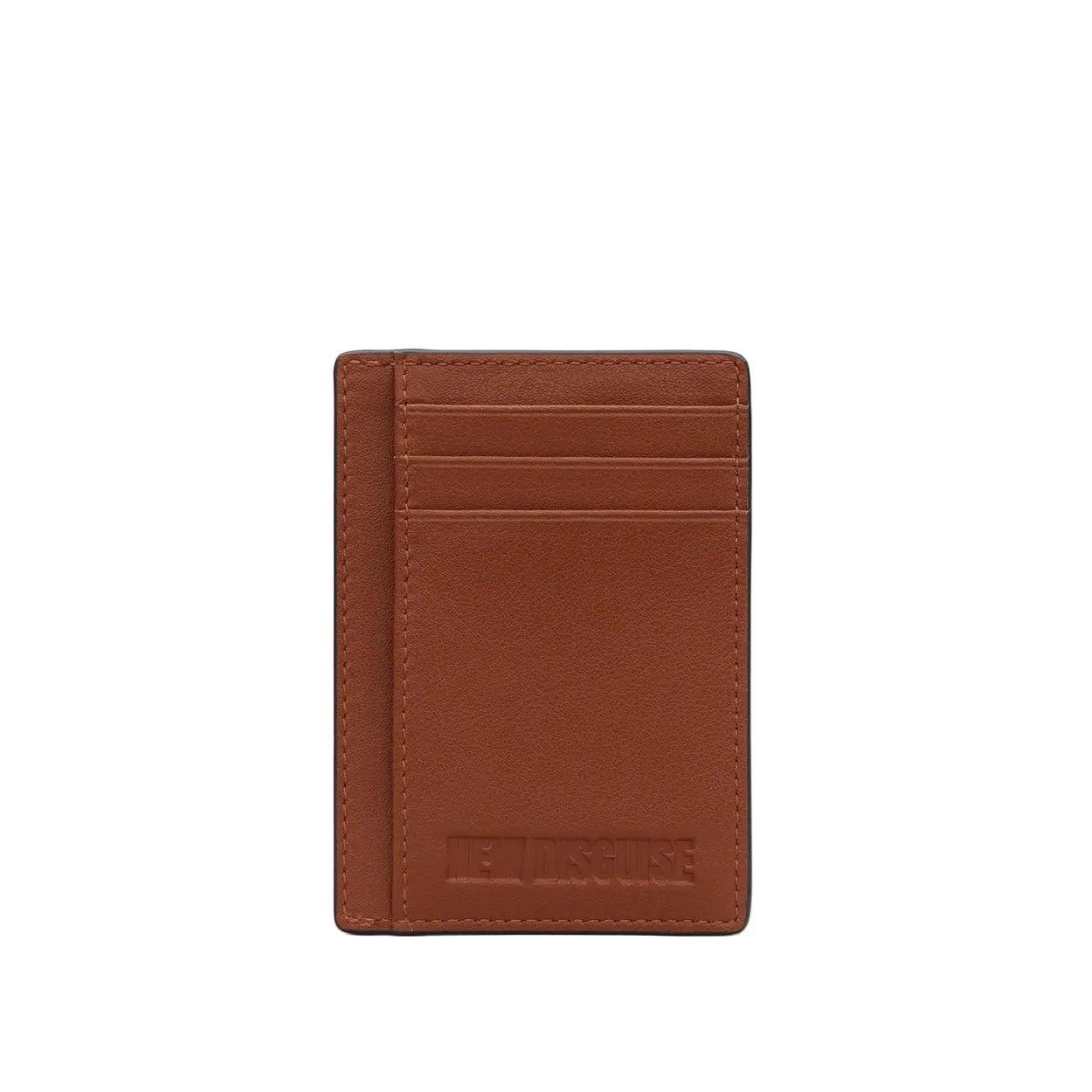 A brown leather card holder wallet with multiple card slots and an embossed logo at the bottom.