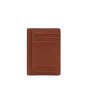 A brown leather card holder wallet with multiple card slots and an embossed logo at the bottom.
