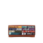 A brown leather wallet featuring a colorful collage of book spines from Shakespeare plays, including Macbeth, Othello, Henry IV, Hamlet, and The Tempest, displayed on a light gray background.
