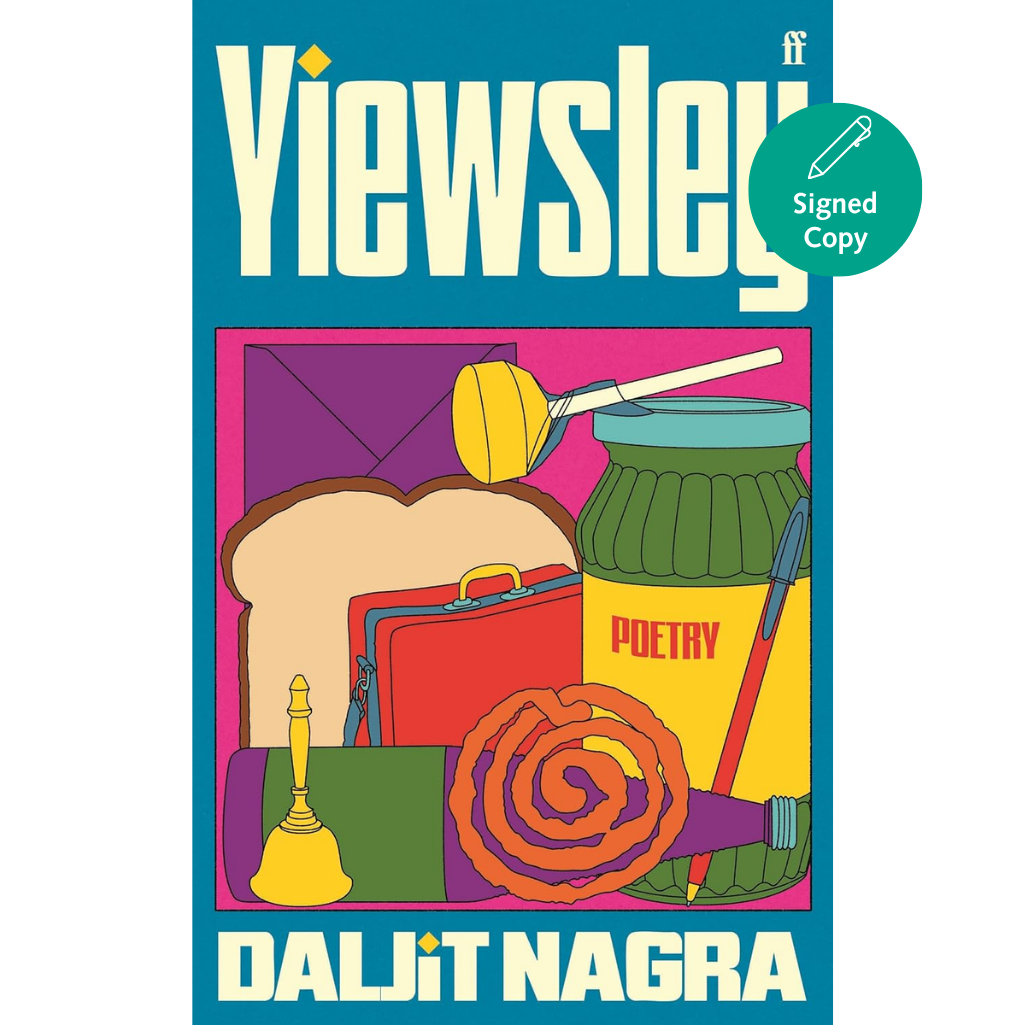 Book cover of 'Viewsley' by Daljit Nagra with colorful illustrations and a blue border.