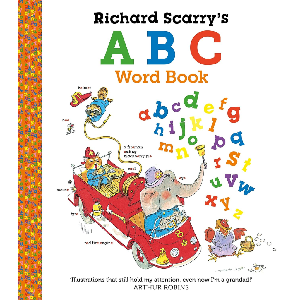 Book cover of 'Richard Scarry's ABC Word Book' with colorful illustrations and alphabet letters.