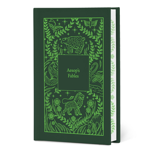 Green book cover of 'Aesop's Fables' with decorative illustrations on a white background