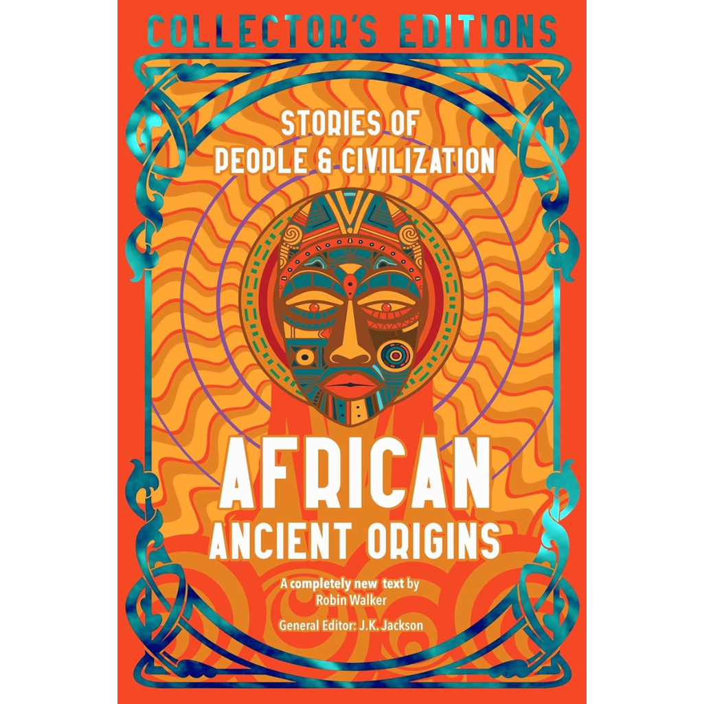 Book cover of 'African Ancient Origins' with decorative elements and text on an orange background