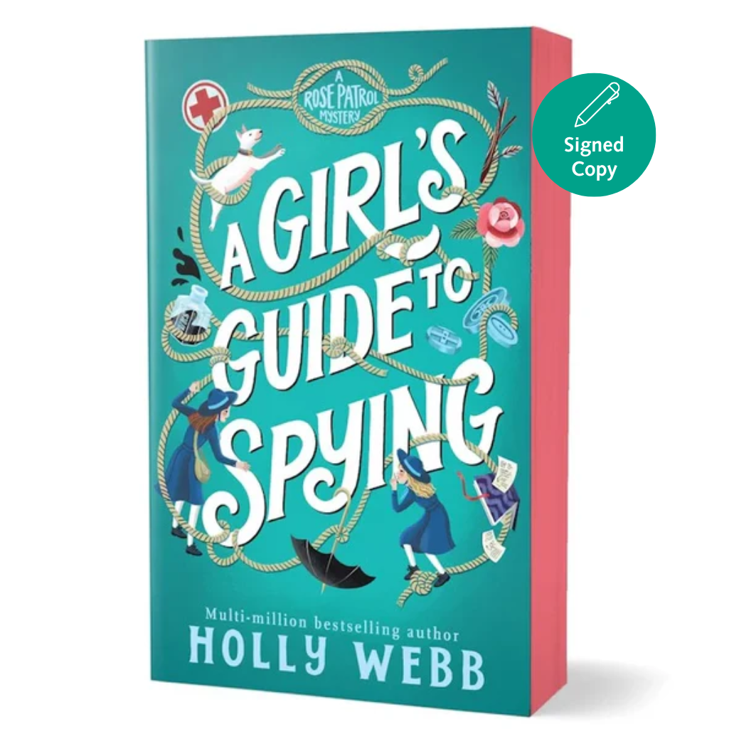 Book cover of 'A Girl's Guide to Spying' by Holly Webb with a teal background and red accents.