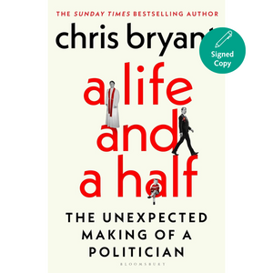 Book cover of 'A Life and a Half' by Chris Bryan with illustrations of people and text on a white background.