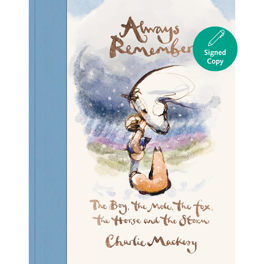 Book cover of 'Always Remember' with illustration of a fox and a horse, signed copy label.