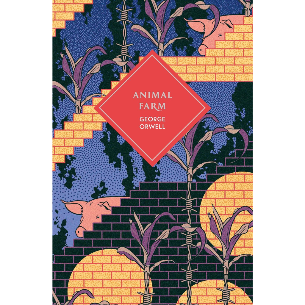 Book cover of 'Animal Farm' by George Orwell with pigs and a fence design.