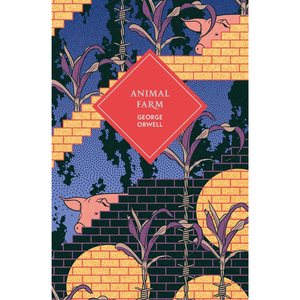 Book cover of 'Animal Farm' by George Orwell with pigs and a fence design.