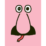 Cartoonish black bikini with googly eyes on a pink background