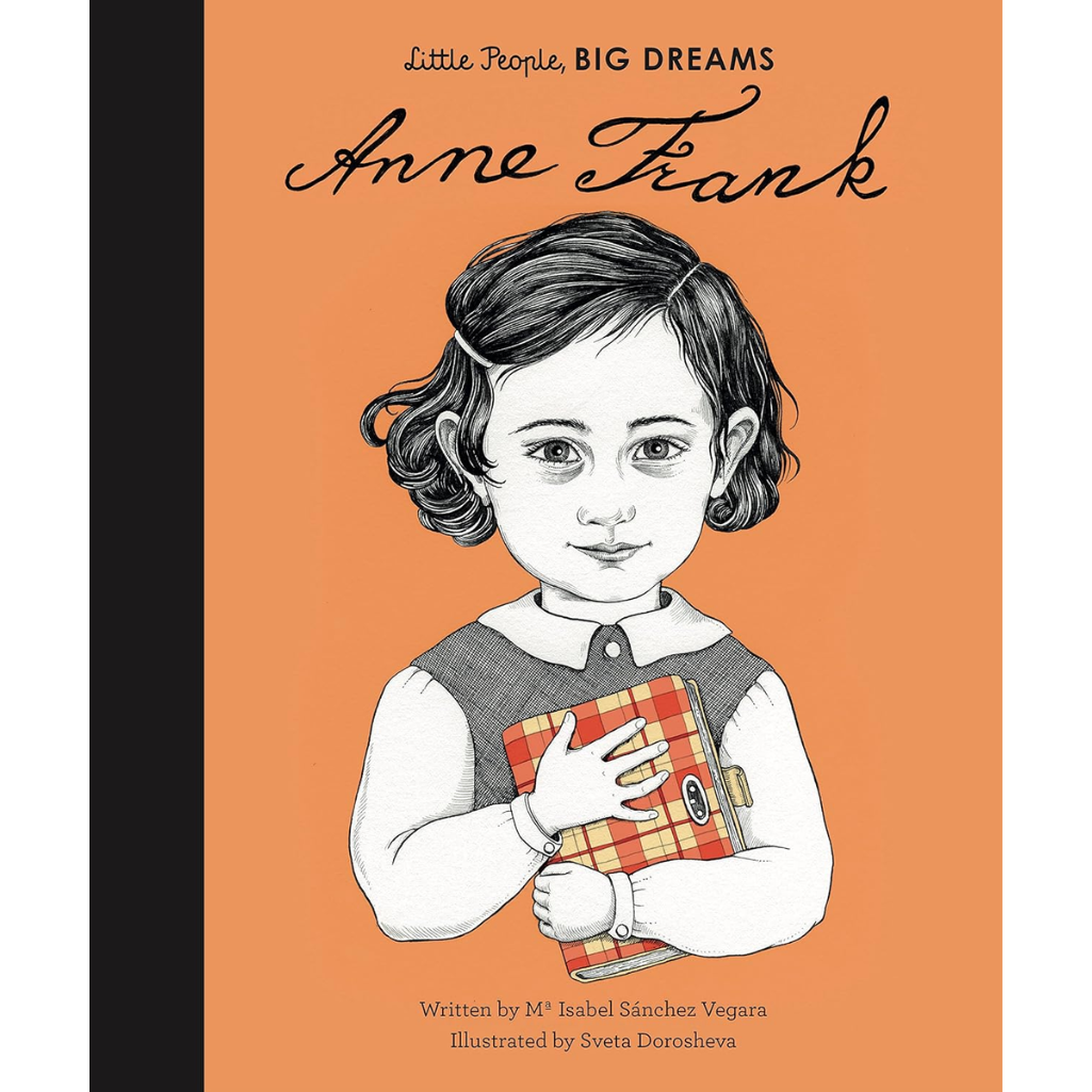 Book cover of 'Little People, BIG DREAMS: Anne Frank' with a black and white illustration of a young girl holding a book.