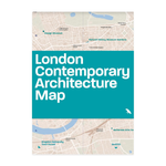 Map of London with text 'London Contemporary Architecture Map' on a teal background