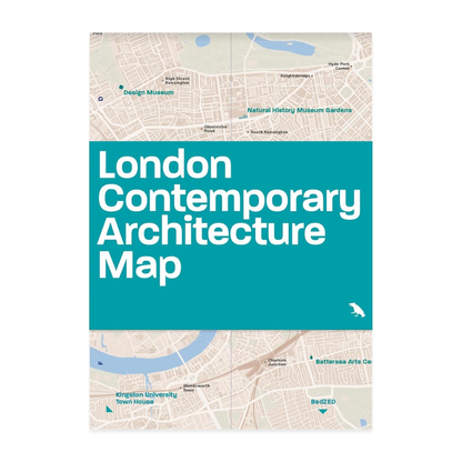 Map of London with text 'London Contemporary Architecture Map' on a teal background