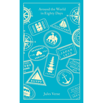 Book cover of 'Around the World in Eighty Days' with travel-themed design elements on a blue background