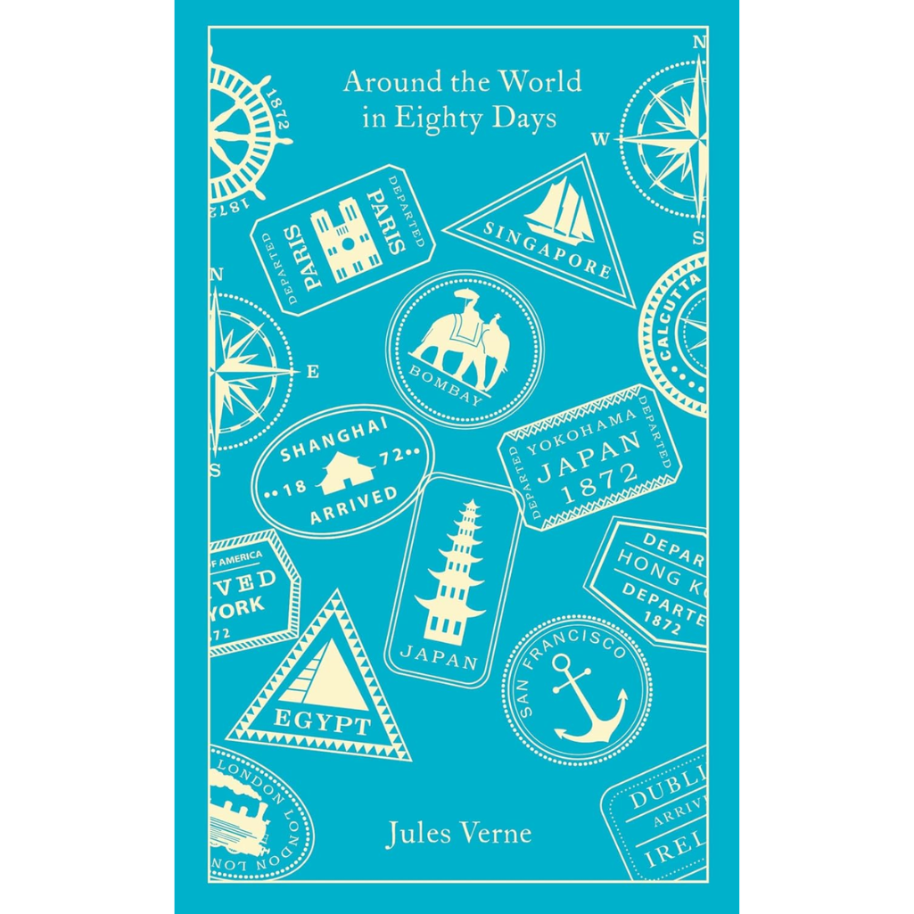Book cover of 'Around the World in Eighty Days' with travel-themed design elements on a blue background