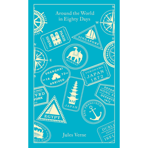 Book cover of 'Around the World in Eighty Days' with travel-themed design elements on a blue background