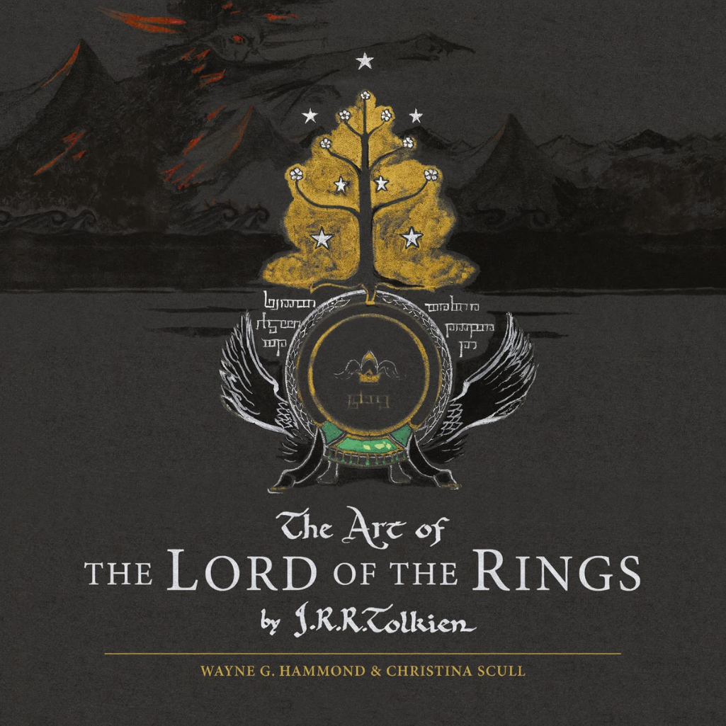 Book cover of 'The Art of The Lord of the Rings' with a tree emblem on a dark background