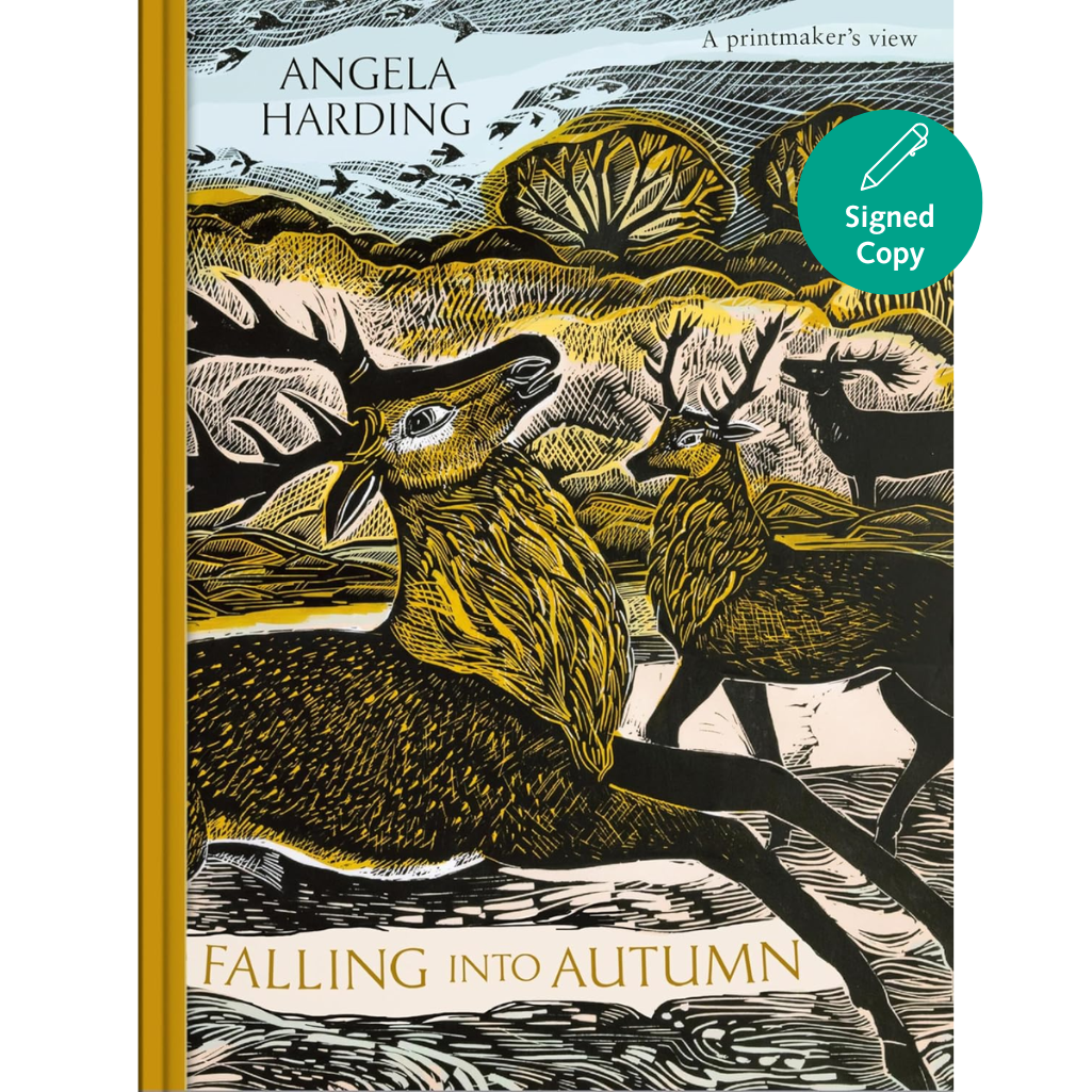 Book cover of 'Falling into Autumn' by Angela Harding with deer illustration and gold accents.