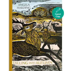 Book cover of 'Falling into Autumn' by Angela Harding with deer illustration and gold accents.