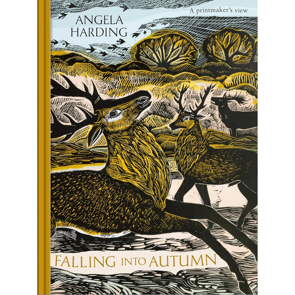 Book cover with illustration of deer and autumn scenery, featuring the title 'Falling into Autumn' by Angela Harding.