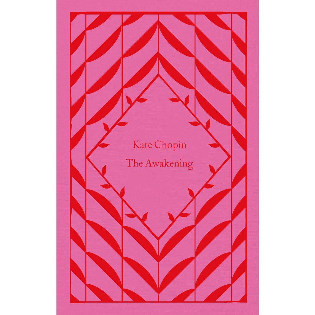 Book cover of 'The Awakening' by Kate Chopin with red design on pink background