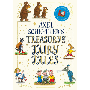 Book cover of 'Axel Scheffler's Treasury of Fairy Tales' with illustrations of animals and characters.