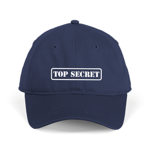 Navy blue cap with 'TOP SECRET' label on a white background