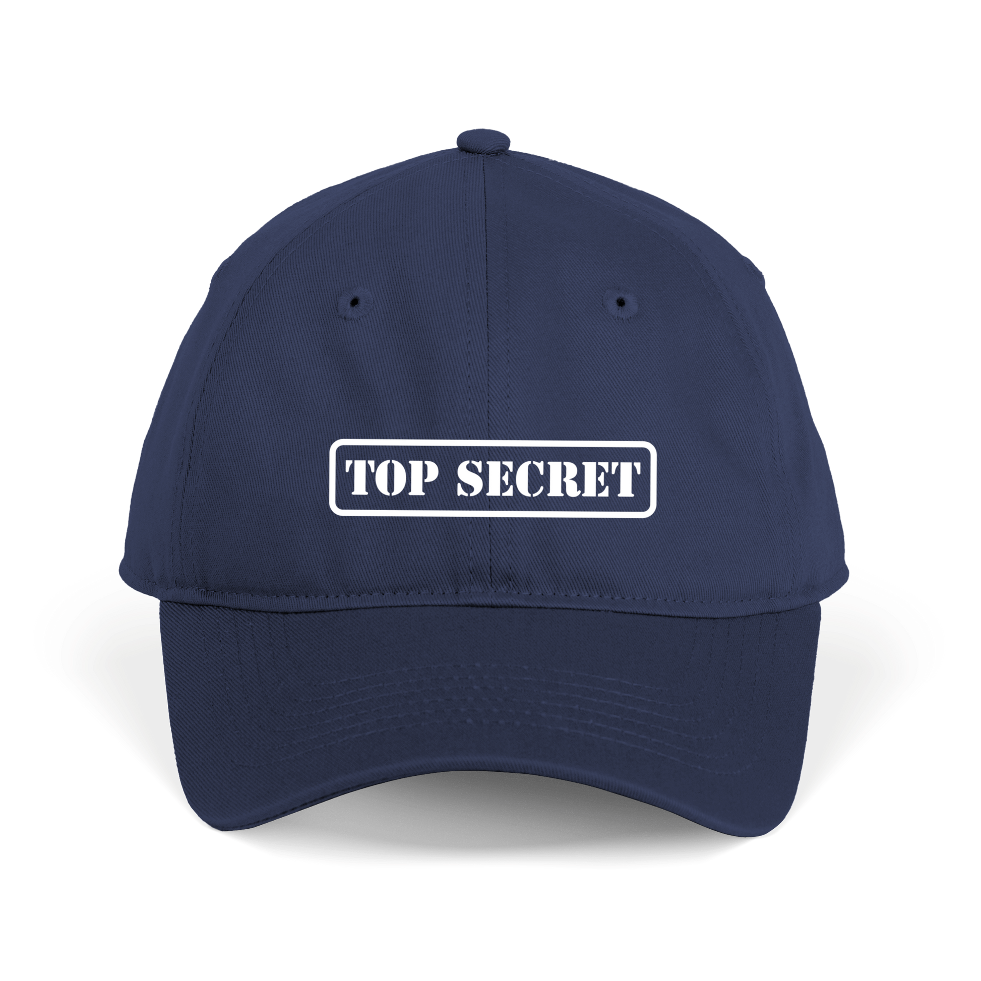 Navy blue cap with 'TOP SECRET' label on a white background