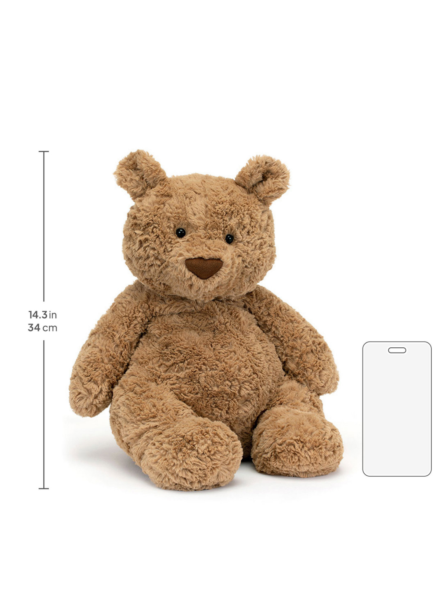 Brown teddy bear with dimensions and compared to phone on a white background
