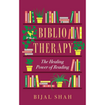 Book cover of 'Biblio Therapy' by Bijal Shah with bookshelf design and plants on a purple background.
