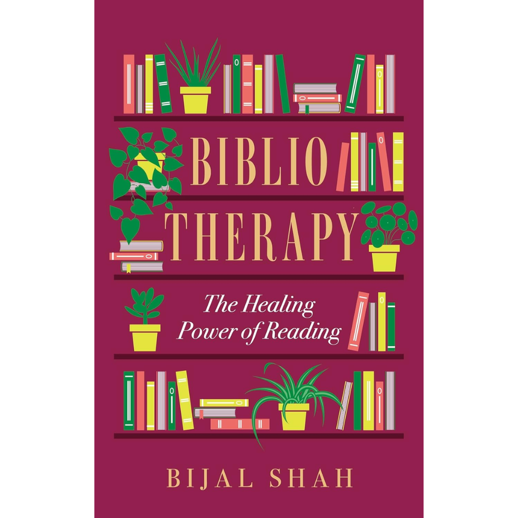 Book cover of 'Biblio Therapy' by Bijal Shah with bookshelf design and plants on a purple background.