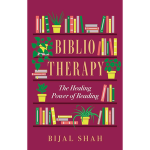 Book cover of 'Biblio Therapy' by Bijal Shah with bookshelf design and plants on a purple background.