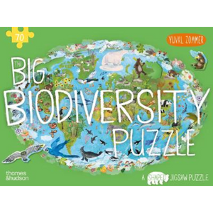 Cover of 'The Big Biodiversity Puzzle' with a world map design and illustrations of animals.