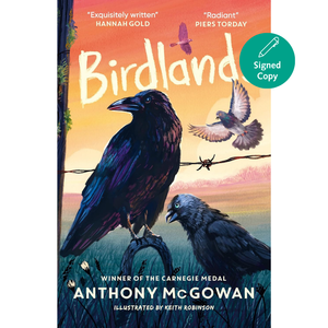 Book cover of 'Birdland' with crows and a sunset background