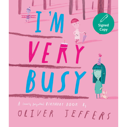 Book cover of 'I'm Very Busy' by Oliver Jeffers with a pink background and illustrations.