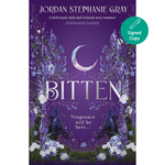 Book cover of 'Bitten' by Jordan Stephanie Gray with purple floral design and crescent moon.