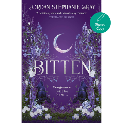 Book cover of 'Bitten' by Jordan Stephanie Gray with purple floral design and crescent moon.