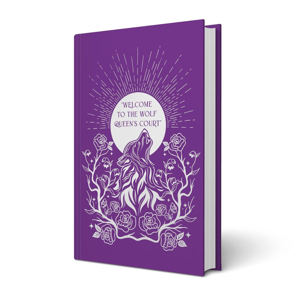 Purple book with wolf and floral design on a white background