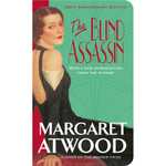 Book cover of 'The Blind Assassin' by Margaret Atwood with a woman in a black dress on a green and red background.