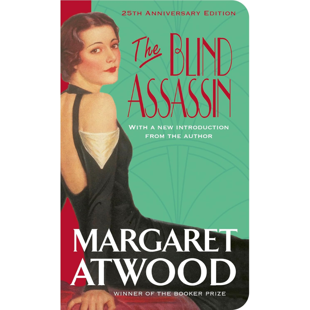 Book cover of 'The Blind Assassin' by Margaret Atwood with a woman in a black dress on a green and red background.