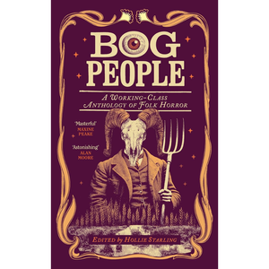 Book cover of 'Bog People' with a person holding a fork and wearing a skull mask on a purple background.