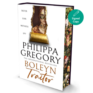 Book titled 'Boleyn Traitor' by Philippa Gregory with a signed copy label on a white background