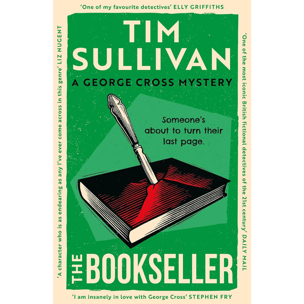 Book cover of 'The Bookseller' by Tim Sullivan with a green background and red ink on a book.