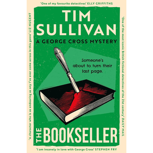 Book cover of 'The Bookseller' by Tim Sullivan with a green background and red ink on a book.
