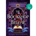 Book cover of 'The Bookshop Below' by Georgia Summers with decorative elements and a signed copy badge.