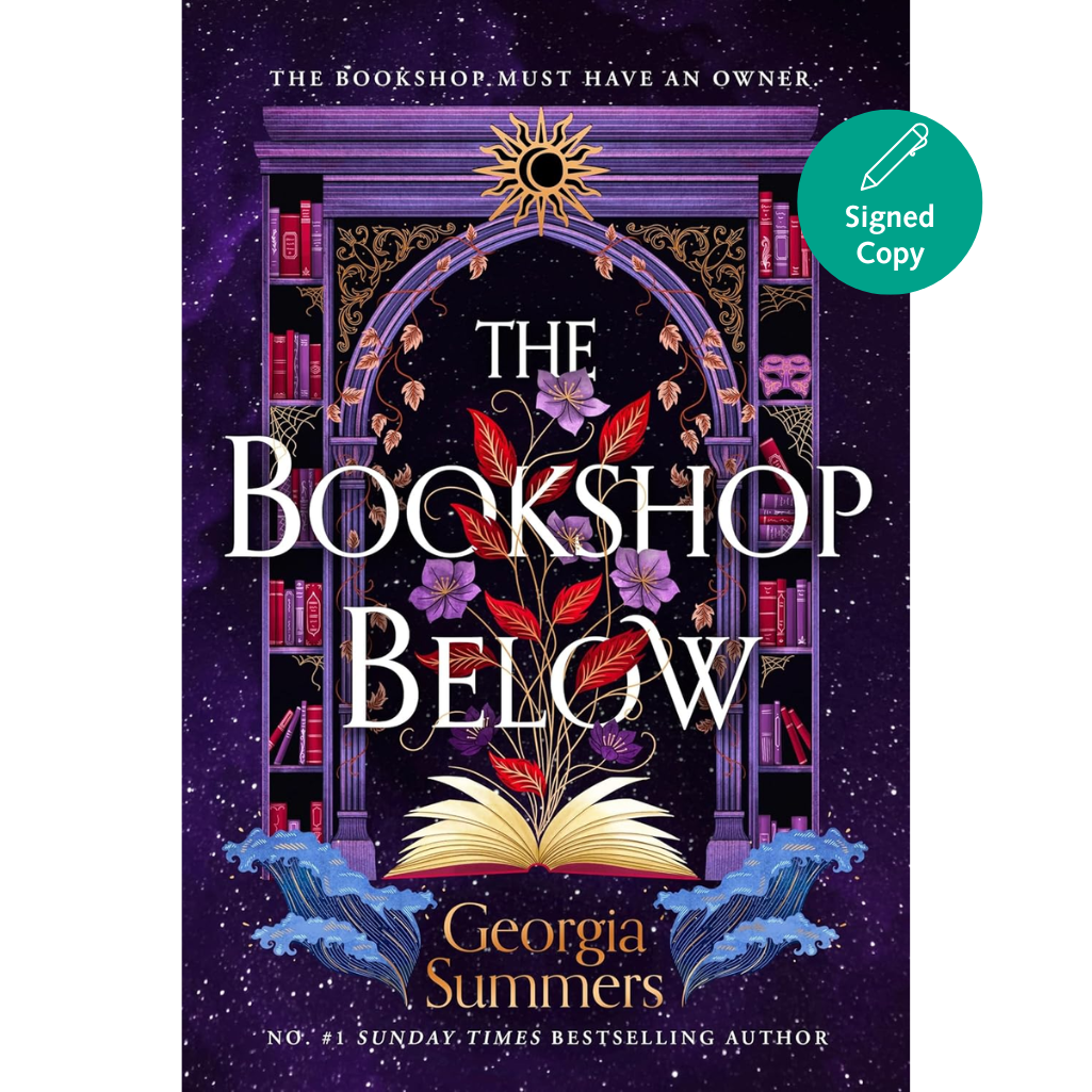 Book cover of 'The Bookshop Below' by Georgia Summers with decorative elements and a signed copy badge.