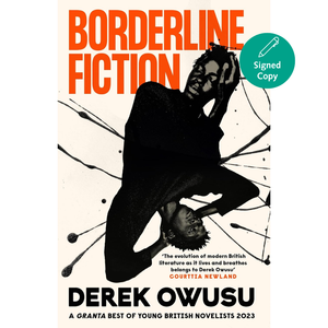 Book cover of 'Borderline Fiction' by Derek Owusu with a silhouette design and text.