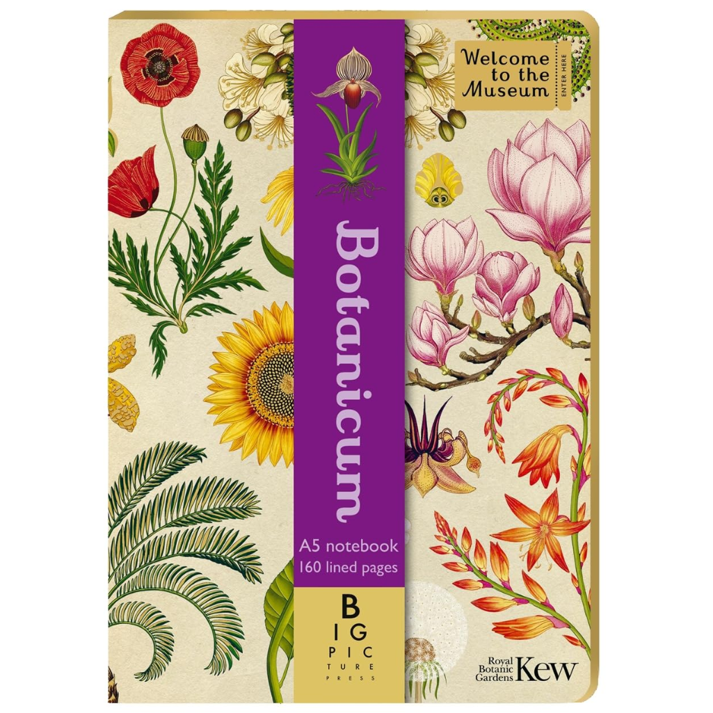 Botanical notebook with colorful illustrations of flowers and plants on a beige background