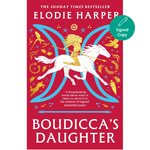 Book cover of 'Boudicca's Daughter' by Elodie Harper with a red background and colorful illustrations.
