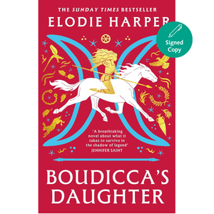 Book cover of 'Boudicca's Daughter' by Elodie Harper with a red background and colorful illustrations.