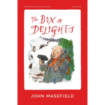 Book cover of 'The Box of Delights' by John Masefield with a red border and illustration of a character holding a box.